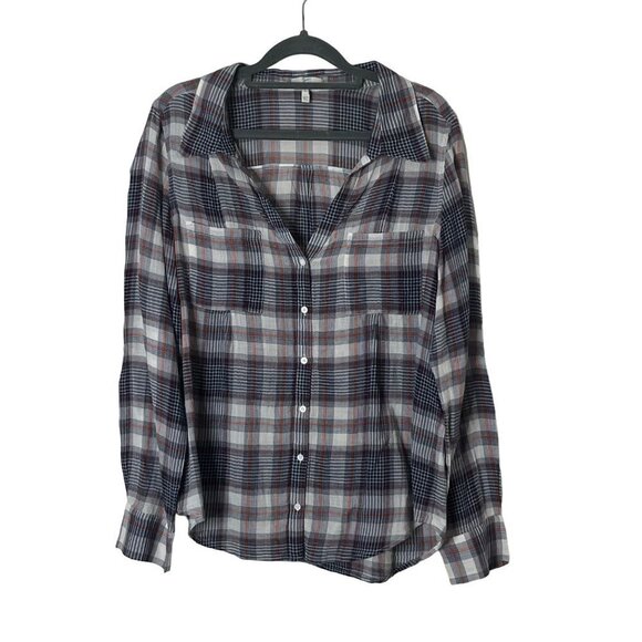 Joie 100% Cotton‎ Button Down Blouse Roll Tab Sleeve V-Neck Blue Red Plaid Small - Picture 1 of 10